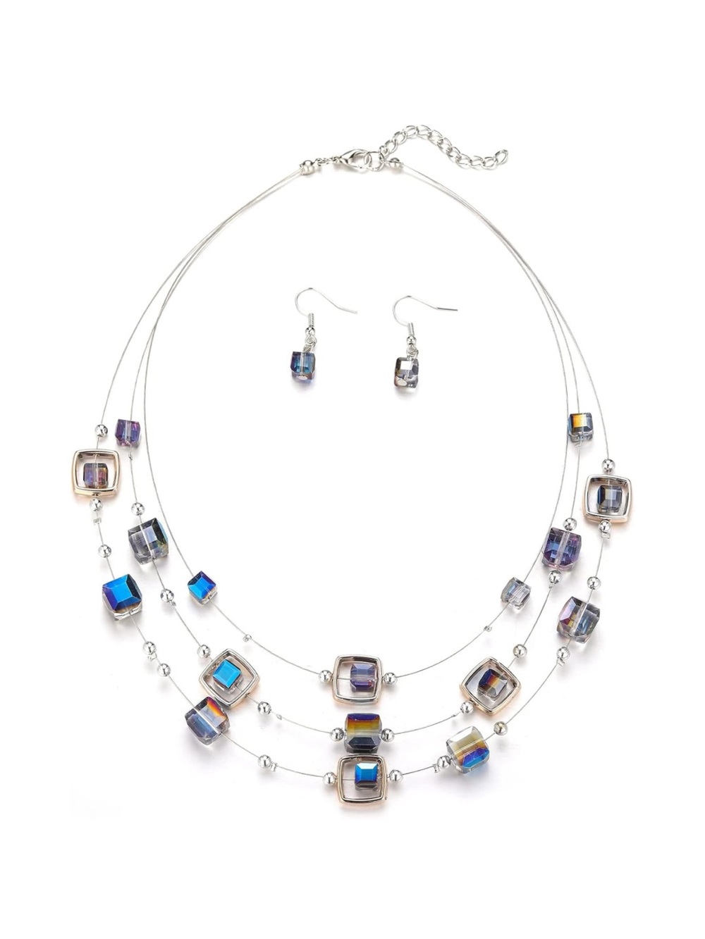 Multi-Strand Iridescent Cube Necklace and Earring Set - Silver